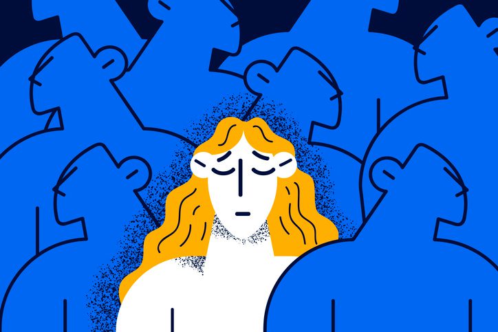 Drawing o people silhouettes in blue with a white blonde woman in the middle, eyes closed. Anxiety solutions